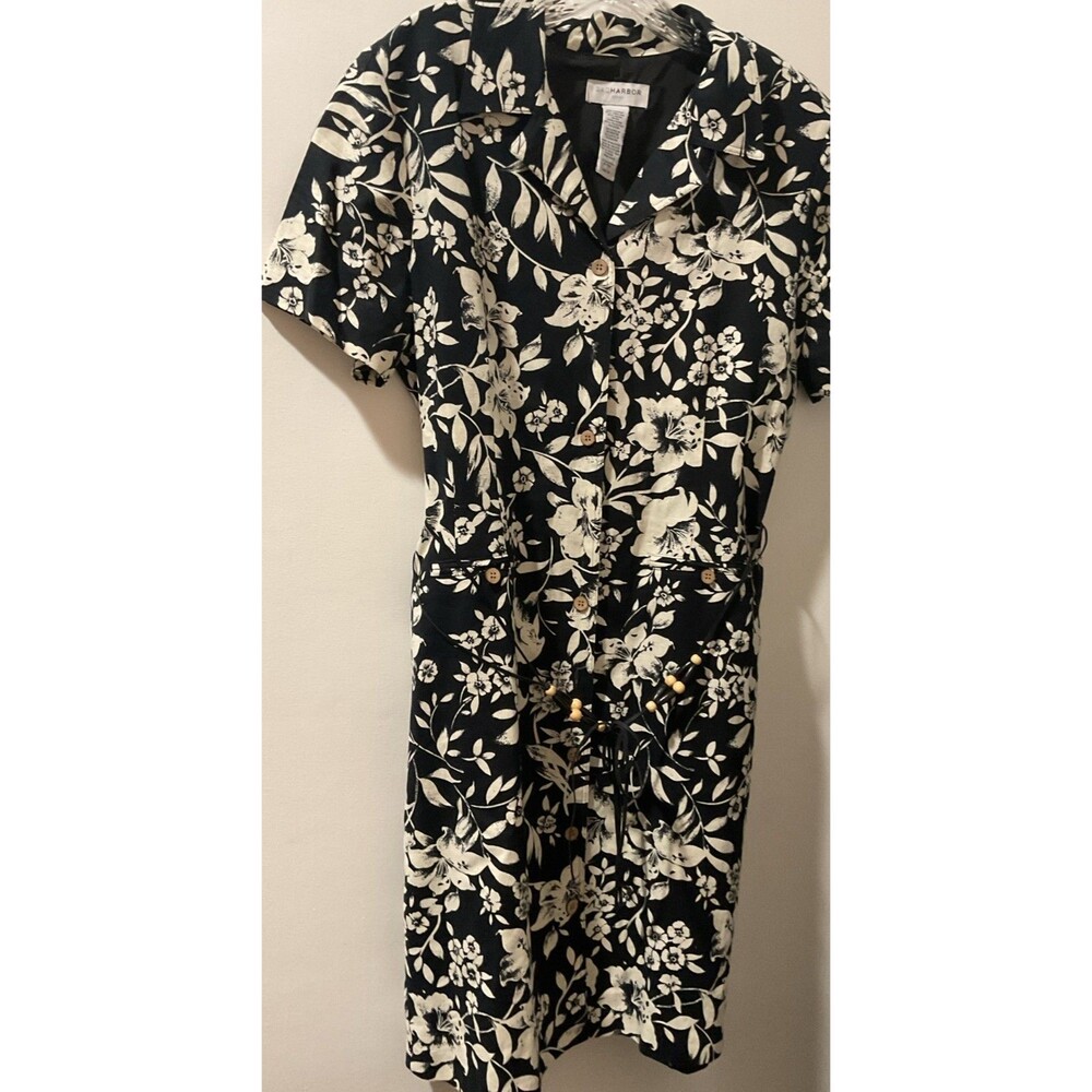 Sag Harbor Floral Linen Blend Coastal Grandma Lagenlook Black White Dress 14